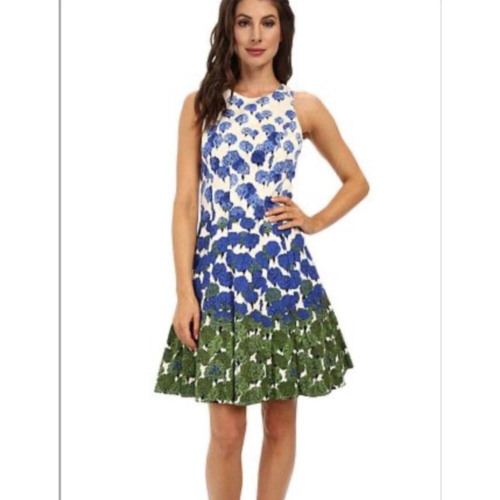 Maggy London Garden Party Floral Fit And Flare Dress Blue and Green Size 6